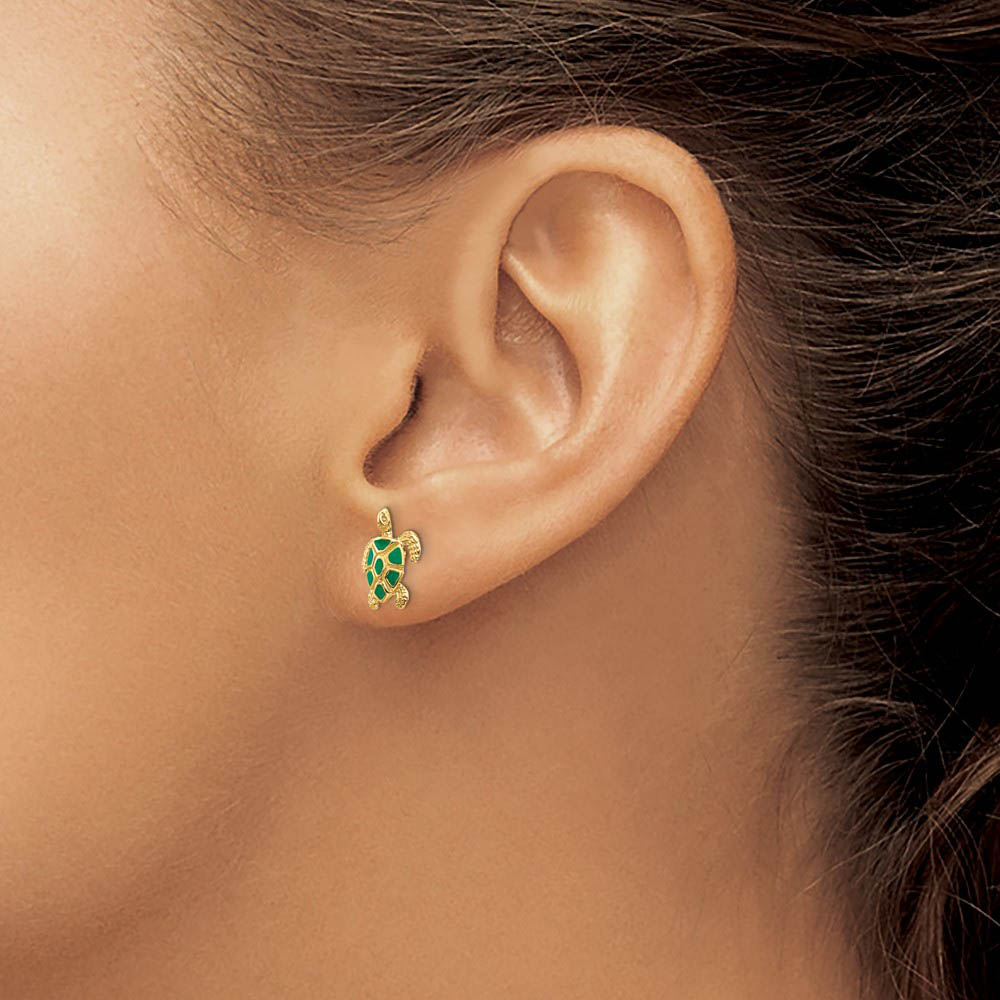 Alternate view of the Small Green Enameled Sea Turtle Post Earrings in 14k Yellow Gold by The Black Bow Jewelry Co.