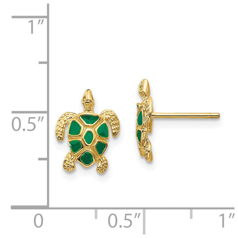 Alternate view of the Small Green Enameled Sea Turtle Post Earrings in 14k Yellow Gold by The Black Bow Jewelry Co.