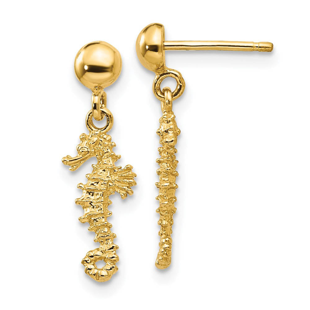 Mini Textured Seahorse Dangle Post Earrings in 14k Yellow Gold, Item E10934 by The Black Bow Jewelry Co.