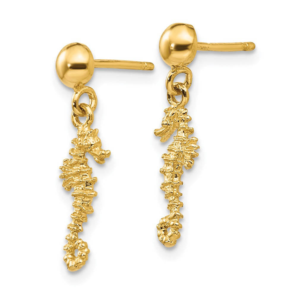 Alternate view of the Mini Textured Seahorse Dangle Post Earrings in 14k Yellow Gold by The Black Bow Jewelry Co.