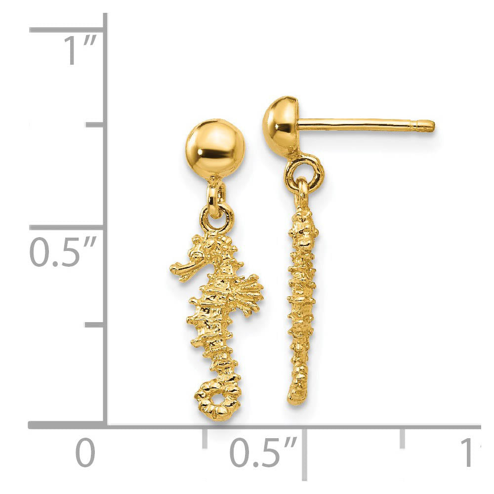 Alternate view of the Mini Textured Seahorse Dangle Post Earrings in 14k Yellow Gold by The Black Bow Jewelry Co.
