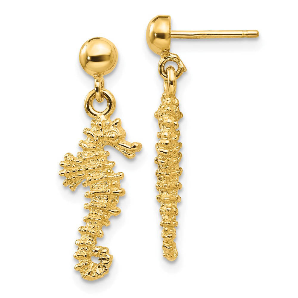 Small Textured Seahorse Dangle Post Earrings in 14k Yellow Gold, Item E10935 by The Black Bow Jewelry Co.