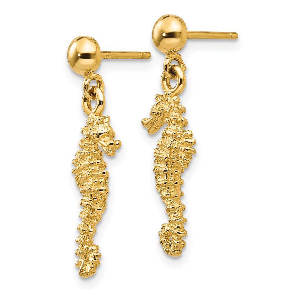 Alternate view of the Small Textured Seahorse Dangle Post Earrings in 14k Yellow Gold by The Black Bow Jewelry Co.