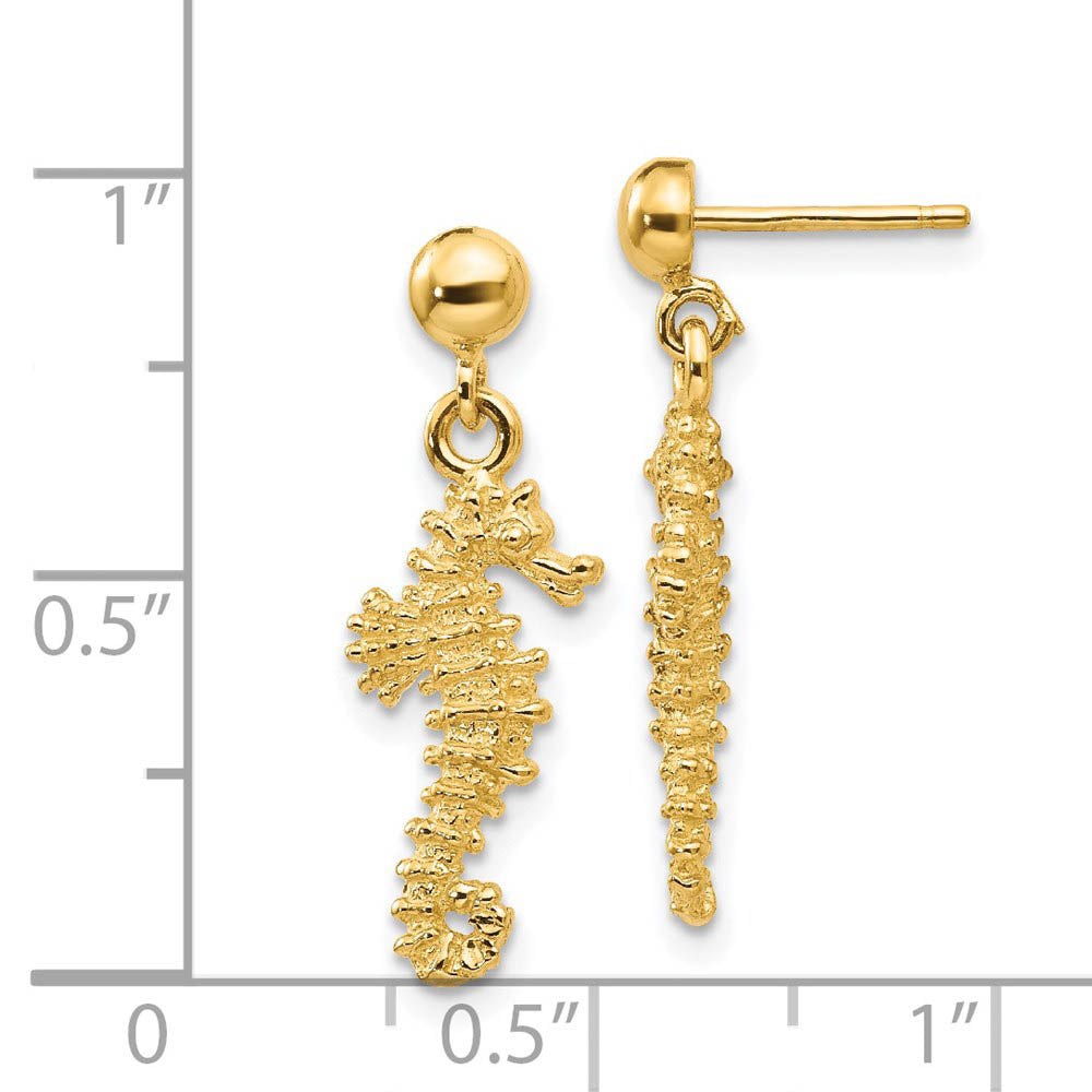 Alternate view of the Small Textured Seahorse Dangle Post Earrings in 14k Yellow Gold by The Black Bow Jewelry Co.