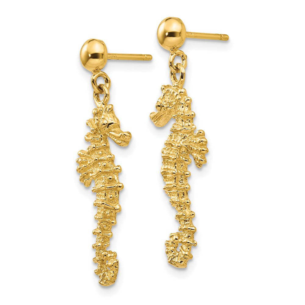 Alternate view of the Large Textured Seahorse Dangle Post Earrings in 14k Yellow Gold by The Black Bow Jewelry Co.