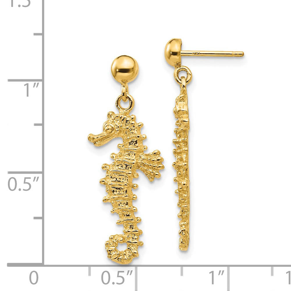 Alternate view of the Large Textured Seahorse Dangle Post Earrings in 14k Yellow Gold by The Black Bow Jewelry Co.