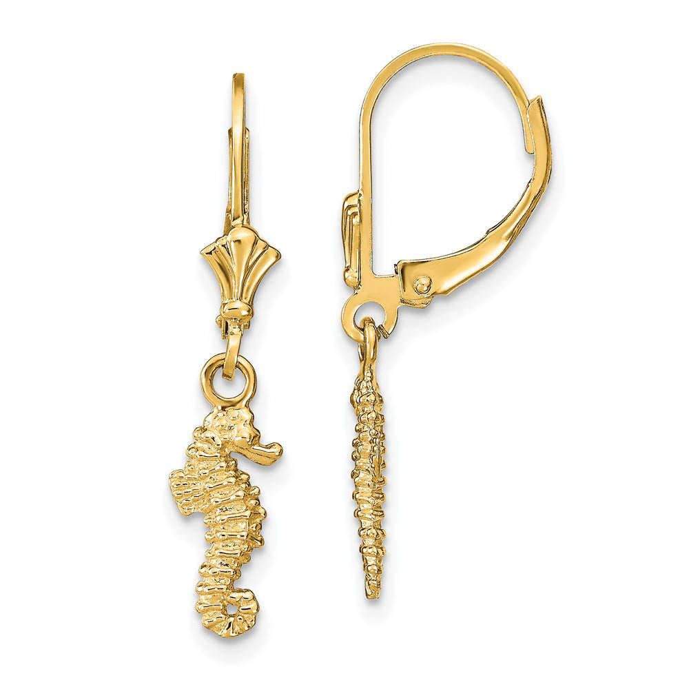 3D Mini Textured Seahorse Lever Back Earrings in 14k Yellow Gold, Item E10937 by The Black Bow Jewelry Co.