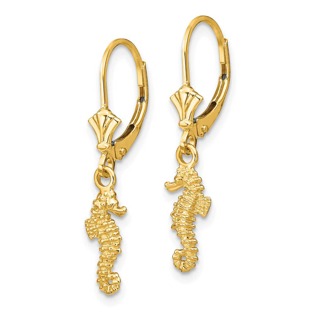 Alternate view of the 3D Mini Textured Seahorse Lever Back Earrings in 14k Yellow Gold by The Black Bow Jewelry Co.