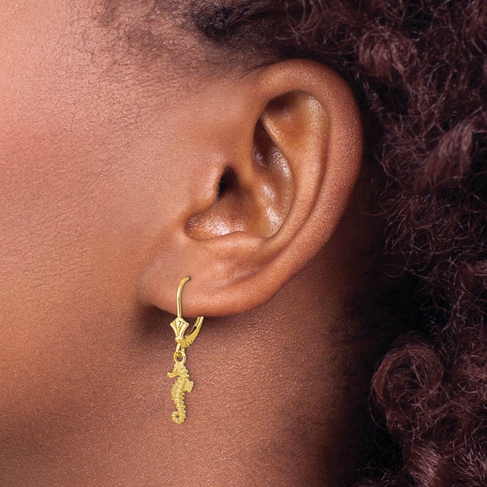 Alternate view of the 3D Mini Textured Seahorse Lever Back Earrings in 14k Yellow Gold by The Black Bow Jewelry Co.