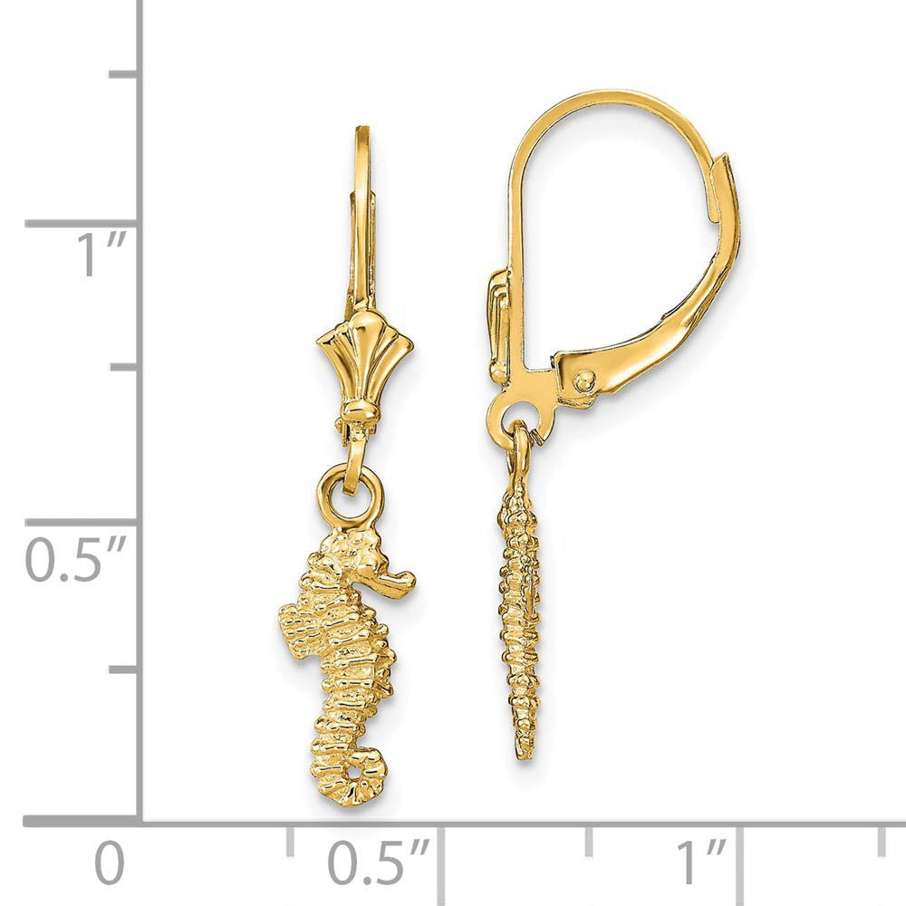 Alternate view of the 3D Mini Textured Seahorse Lever Back Earrings in 14k Yellow Gold by The Black Bow Jewelry Co.