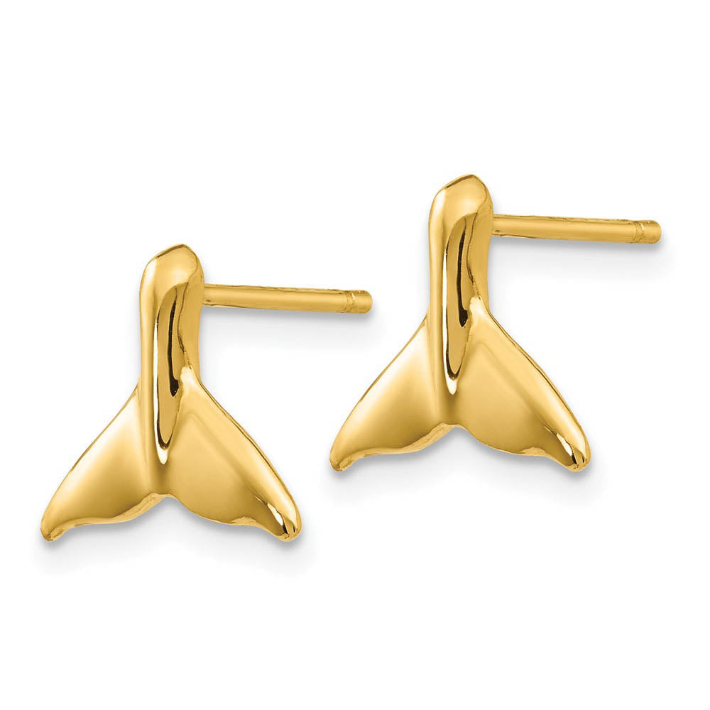 Alternate view of the Small Polished Whale Tail Post Earrings in 14k Yellow Gold by The Black Bow Jewelry Co.