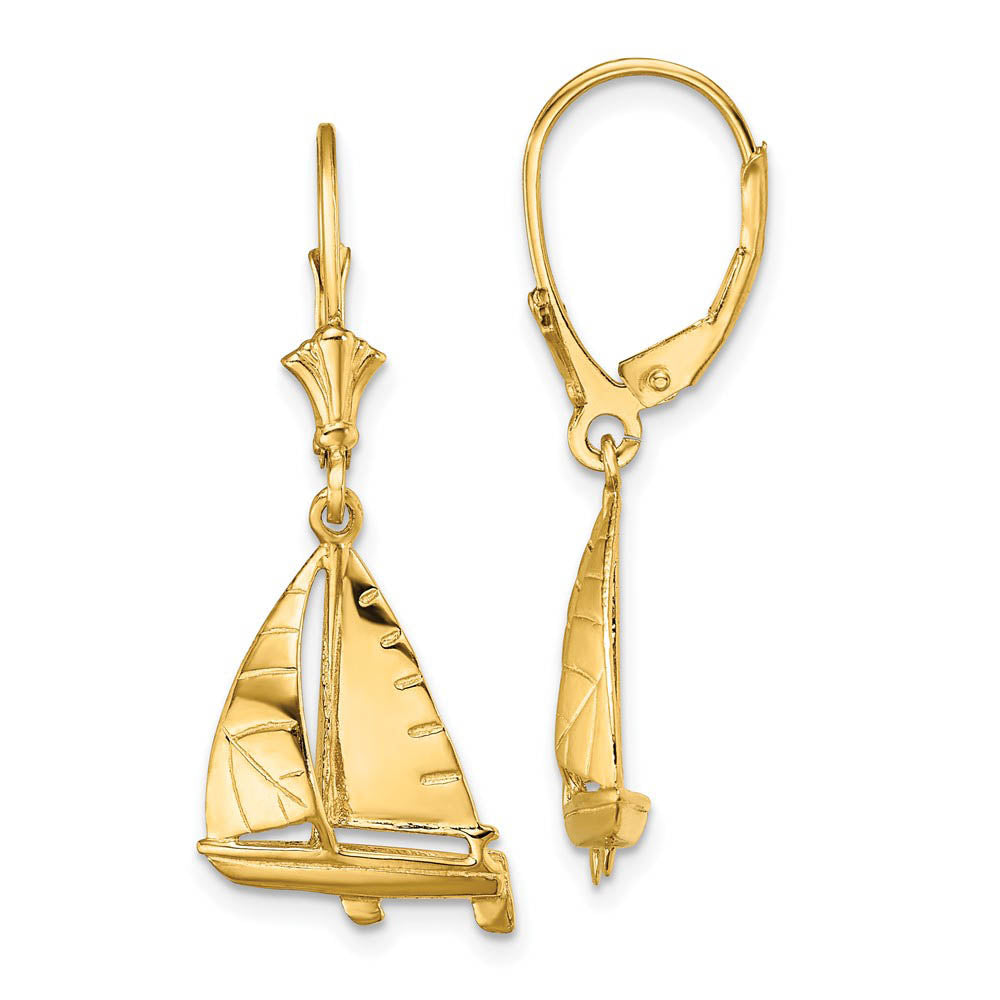 Polished 3D Sailboat Lever Back Earrings in 14k Yellow Gold, Item E10948 by The Black Bow Jewelry Co.
