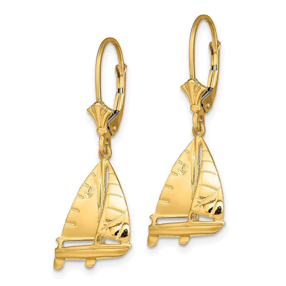 Alternate view of the Polished 3D Sailboat Lever Back Earrings in 14k Yellow Gold by The Black Bow Jewelry Co.