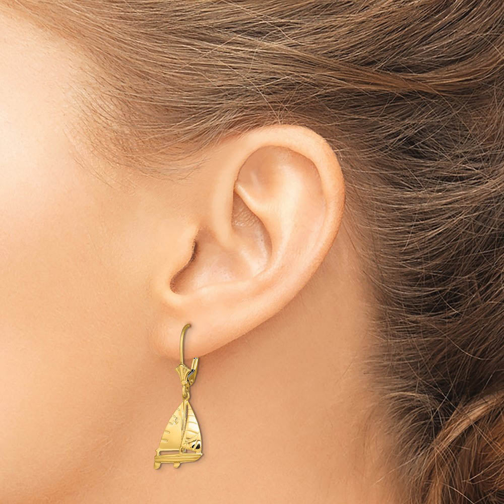 Alternate view of the Polished 3D Sailboat Lever Back Earrings in 14k Yellow Gold by The Black Bow Jewelry Co.
