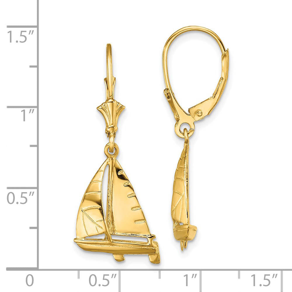 Alternate view of the Polished 3D Sailboat Lever Back Earrings in 14k Yellow Gold by The Black Bow Jewelry Co.