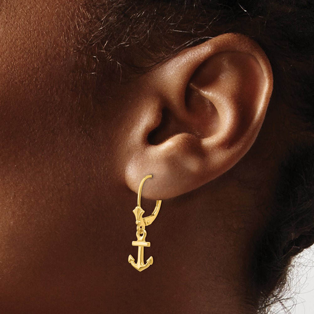 Alternate view of the Petite Polished Anchor Lever Back Earrings in 14k Yellow Gold by The Black Bow Jewelry Co.
