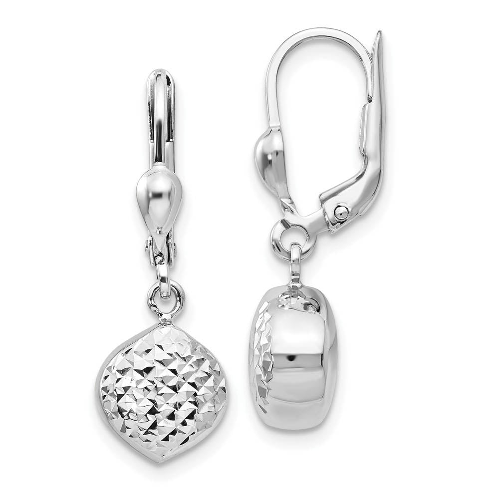 Diamond Cut Dangle Charm Lever Back Earrings in 14k White Gold, Item E10956 by The Black Bow Jewelry Co.