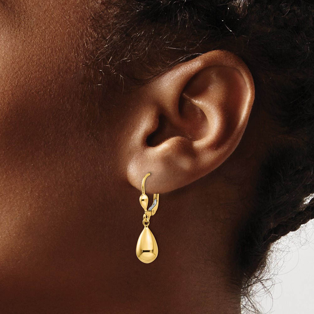 Alternate view of the Polished 3D Teardrop Lever Back Earrings in 14k Yellow Gold by The Black Bow Jewelry Co.