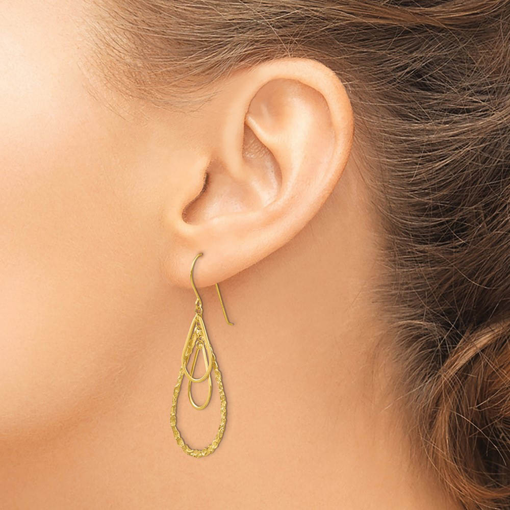 Alternate view of the Triple Teardrop Dangle Earrings in 14k Yellow Gold by The Black Bow Jewelry Co.