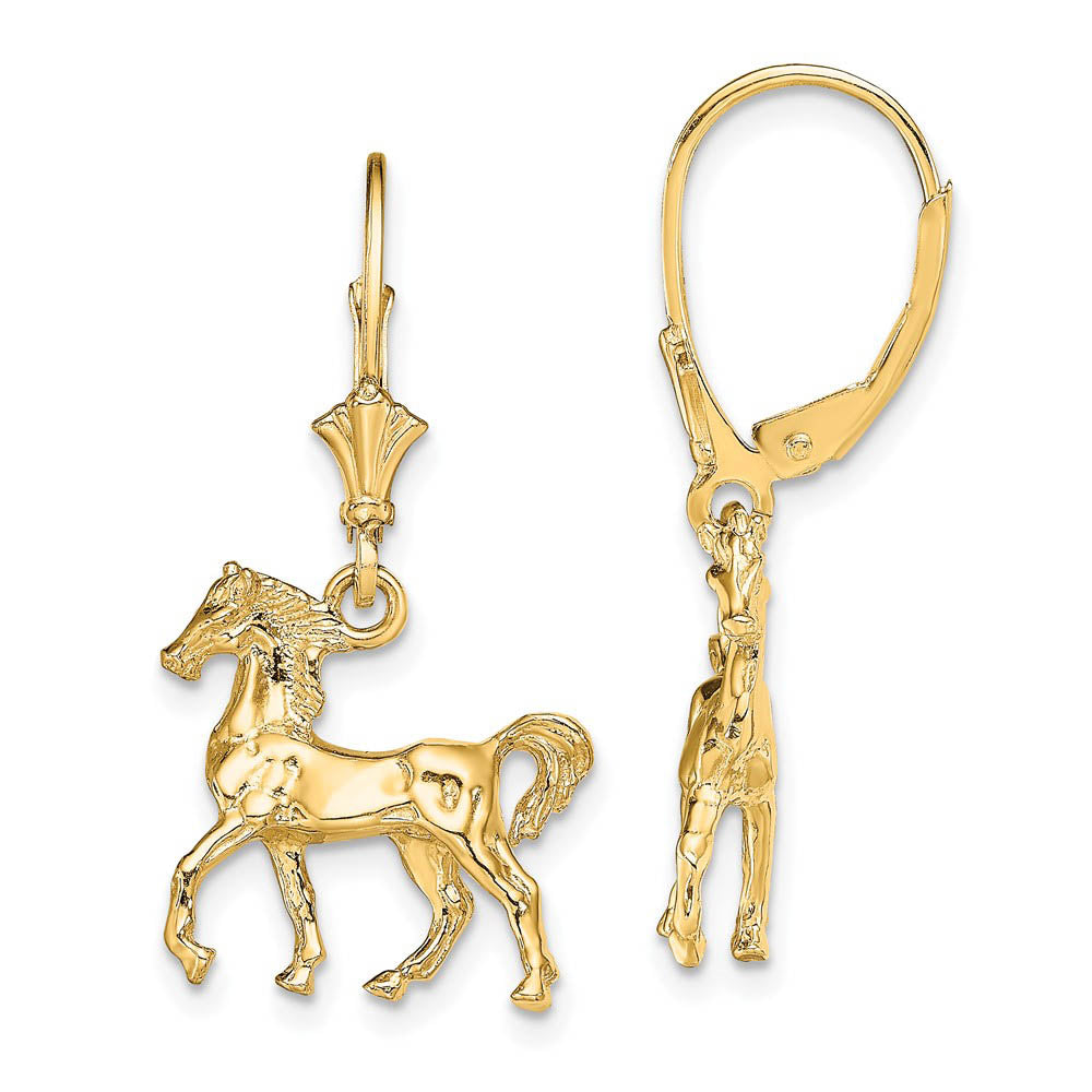 Polished 3D Horse Lever Back Earrings in 14k Yellow Gold, Item E10982 by The Black Bow Jewelry Co.