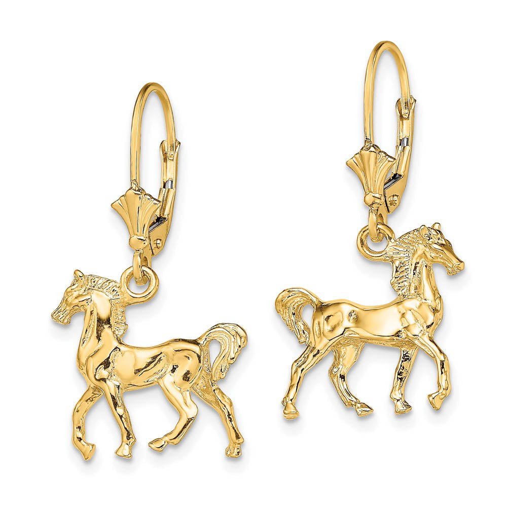 Alternate view of the Polished 3D Horse Lever Back Earrings in 14k Yellow Gold by The Black Bow Jewelry Co.