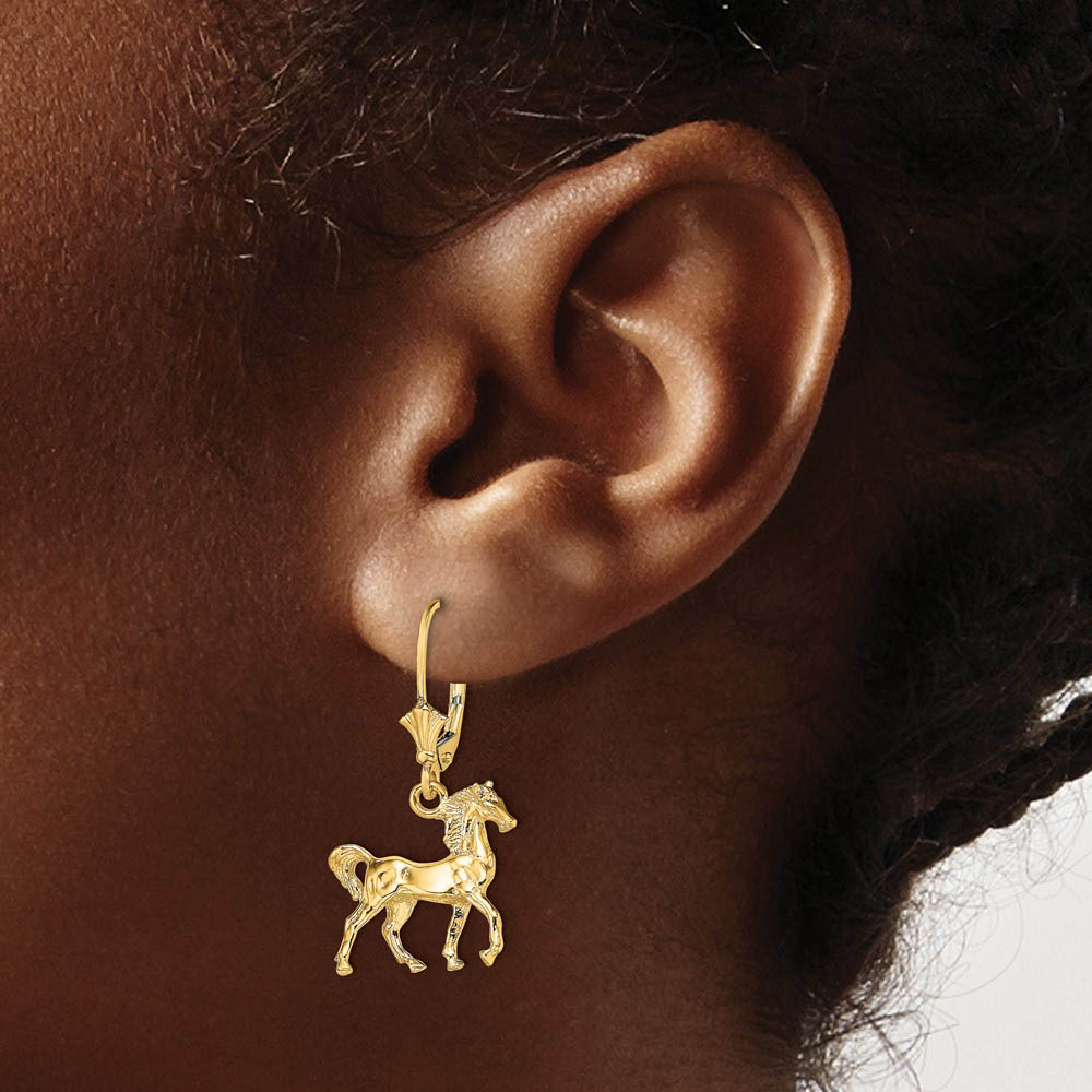Alternate view of the Polished 3D Horse Lever Back Earrings in 14k Yellow Gold by The Black Bow Jewelry Co.