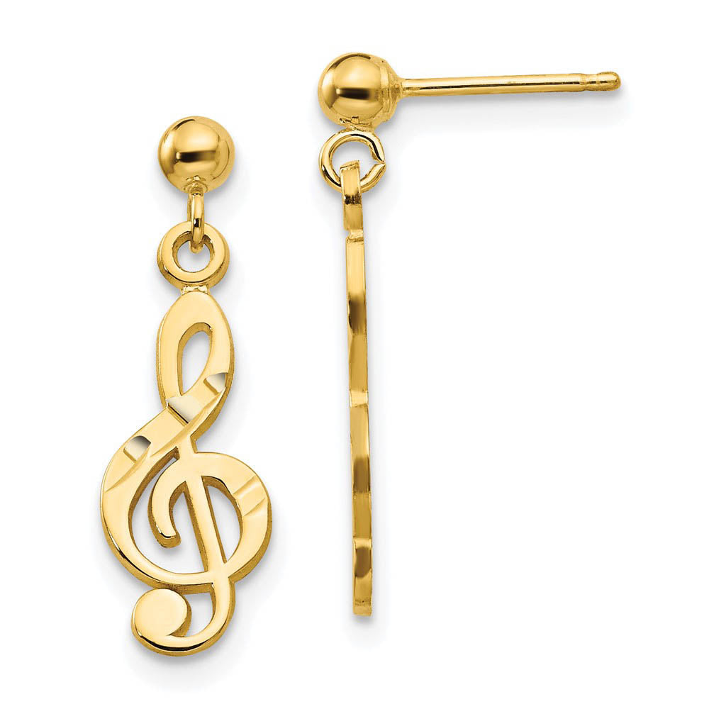 Satin and Polished Treble Clef Dangle Post Earrings in 14k Yellow Gold, Item E10987 by The Black Bow Jewelry Co.