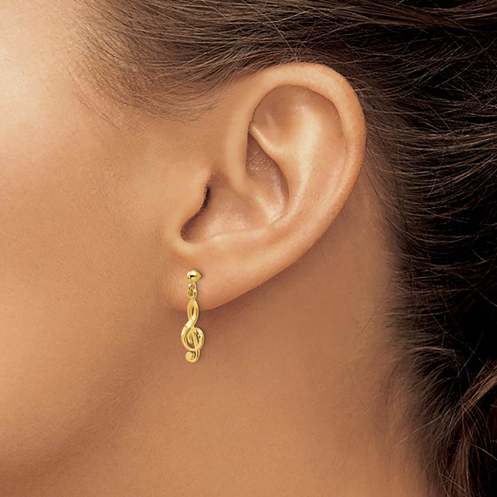 Alternate view of the Satin and Polished Treble Clef Dangle Post Earrings in 14k Yellow Gold by The Black Bow Jewelry Co.