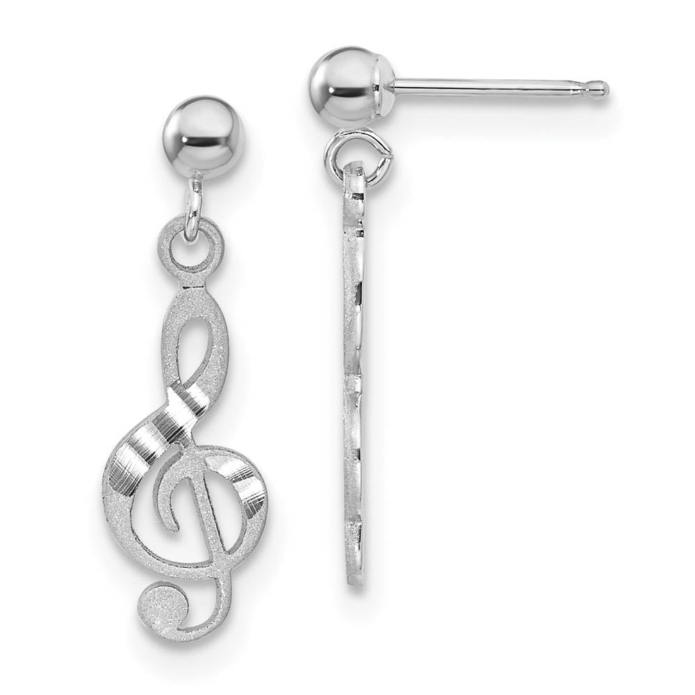 Satin and Polished Treble Clef Dangle Post Earrings in 14k White Gold, Item E10988 by The Black Bow Jewelry Co.