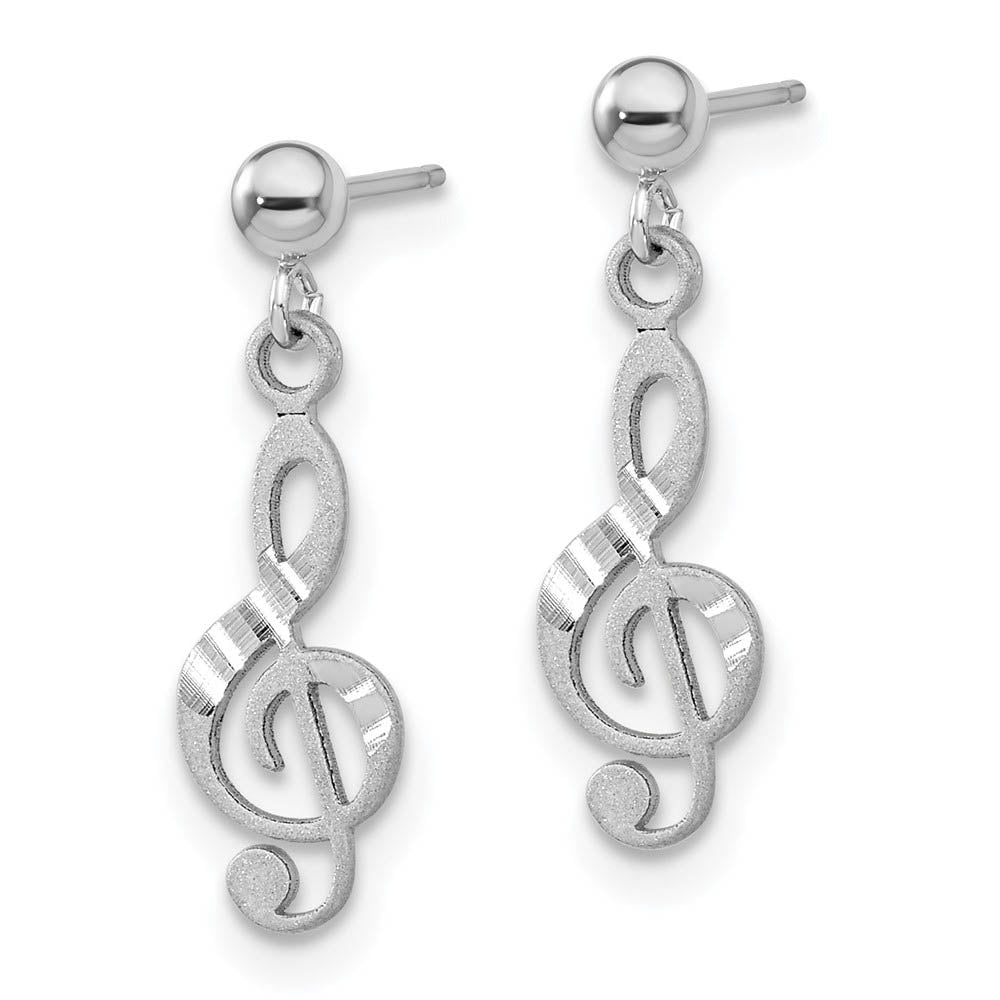 Alternate view of the Satin and Polished Treble Clef Dangle Post Earrings in 14k White Gold by The Black Bow Jewelry Co.