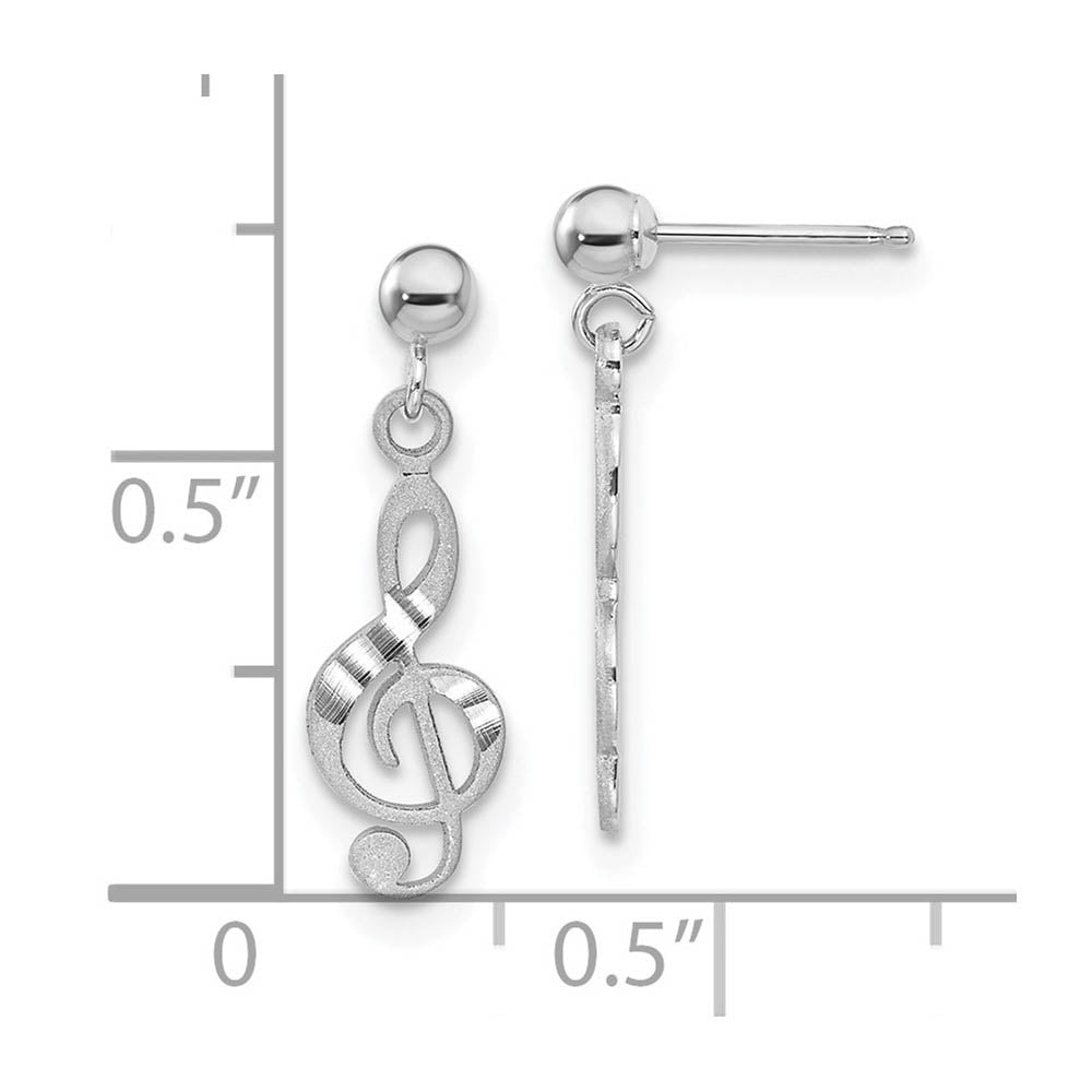 Alternate view of the Satin and Polished Treble Clef Dangle Post Earrings in 14k White Gold by The Black Bow Jewelry Co.