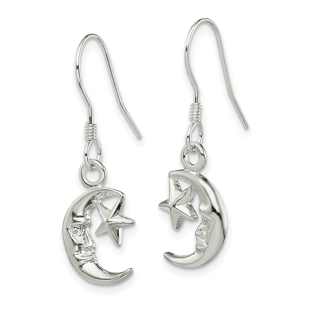 Alternate view of the Polished Crescent Moon and Star Dangle Earrings in Sterling Silver by The Black Bow Jewelry Co.