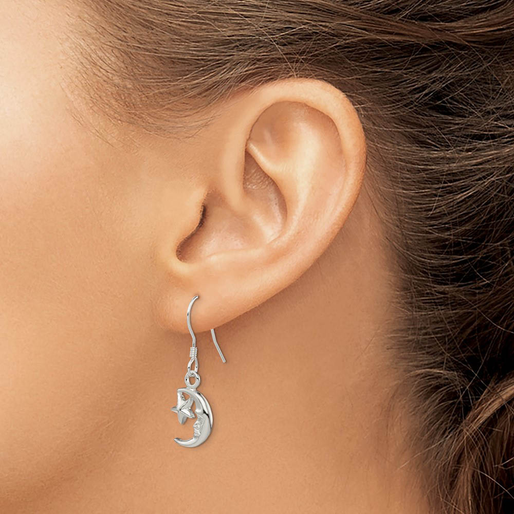 Alternate view of the Polished Crescent Moon and Star Dangle Earrings in Sterling Silver by The Black Bow Jewelry Co.