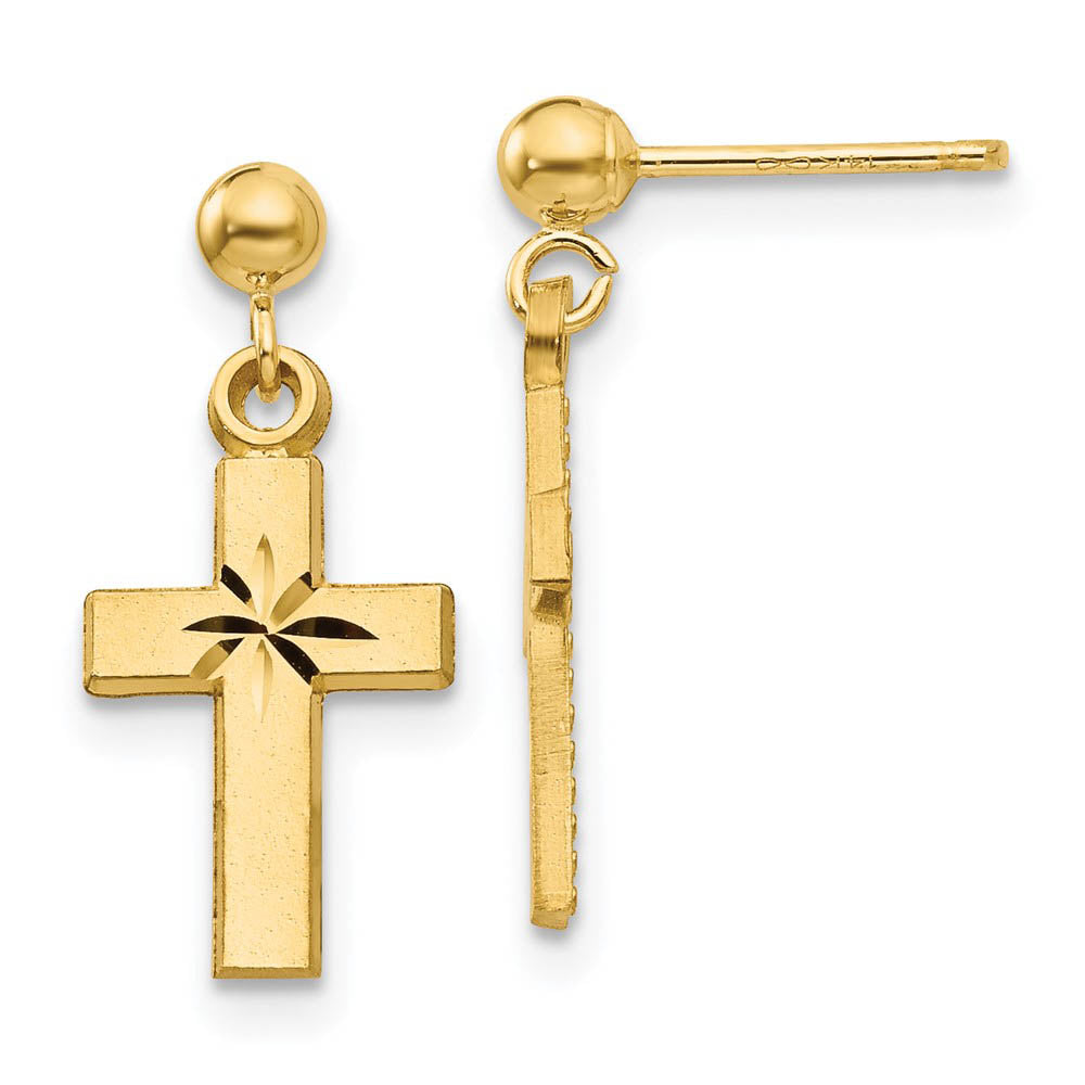 Small Satin and Diamond Cut Cross Dangle Post Earrings in 14k Gold, Item E11047 by The Black Bow Jewelry Co.