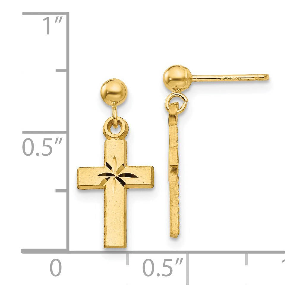 Alternate view of the Small Satin and Diamond Cut Cross Dangle Post Earrings in 14k Gold by The Black Bow Jewelry Co.