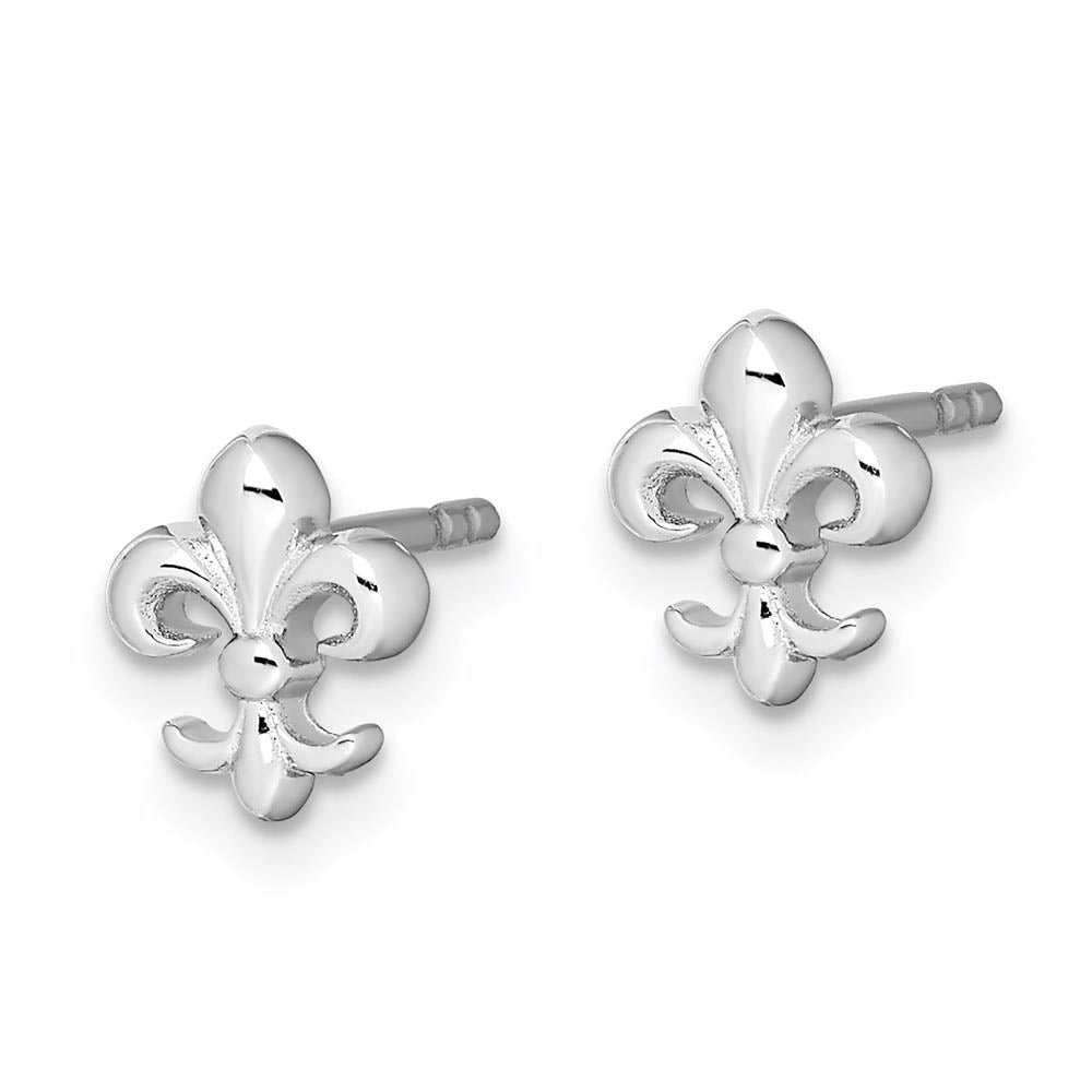Alternate view of the Mini Polished Fleur De Lis Post Earrings in Sterling Silver by The Black Bow Jewelry Co.
