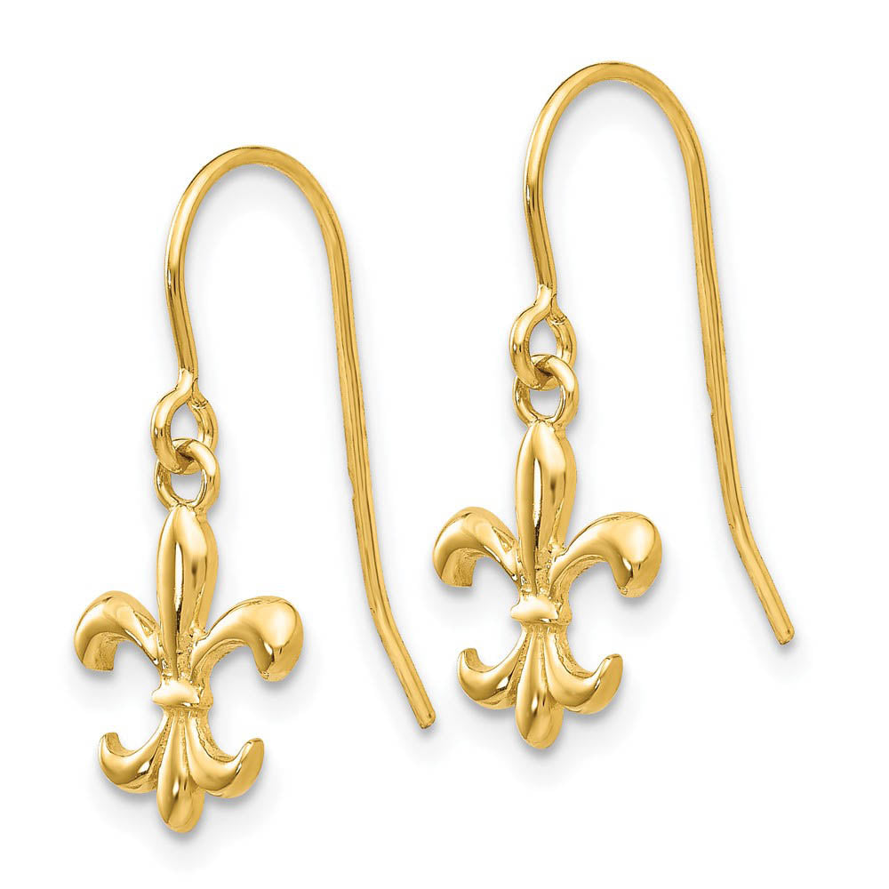 Alternate view of the Small Polished Fleur De Lis Dangle Earrings in 14k Yellow Gold by The Black Bow Jewelry Co.