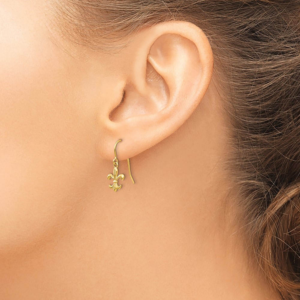 Alternate view of the Small Polished Fleur De Lis Dangle Earrings in 14k Yellow Gold by The Black Bow Jewelry Co.