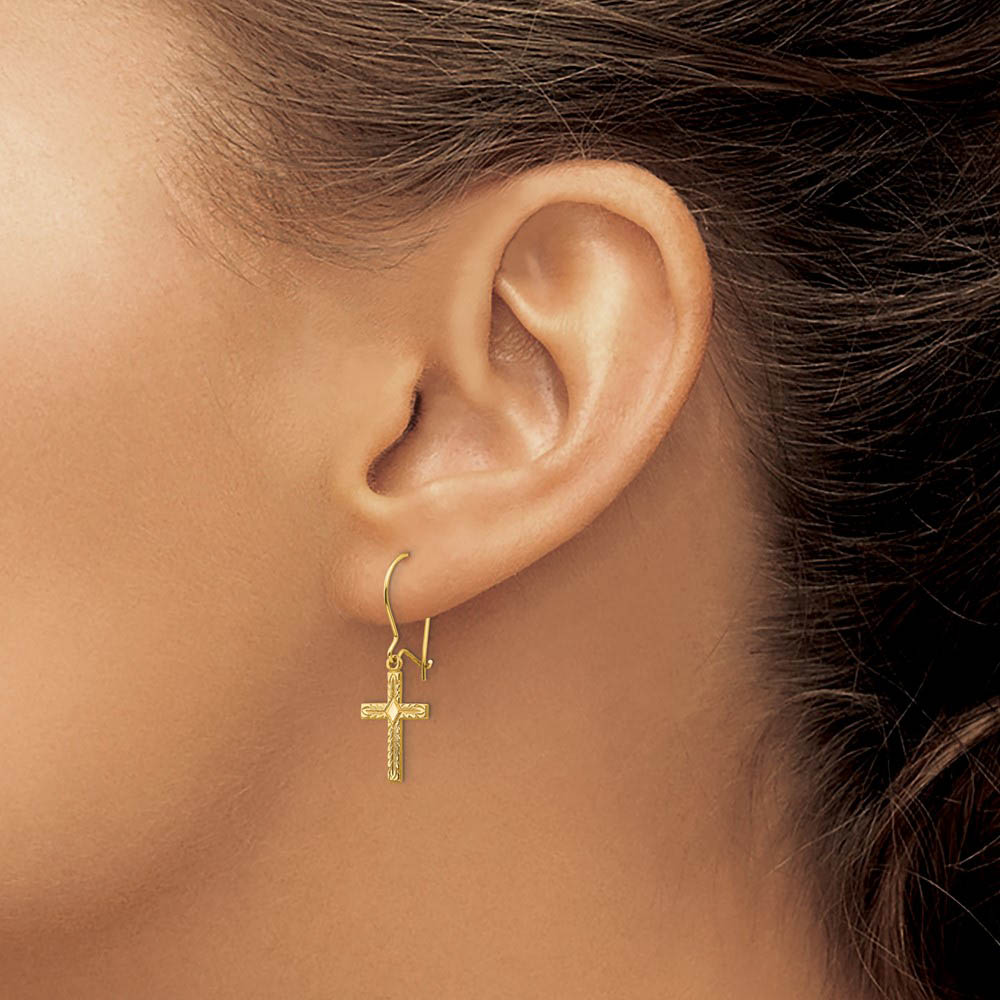 Alternate view of the 13mm Textured Cross Dangle Earrings in 14k Yellow Gold by The Black Bow Jewelry Co.
