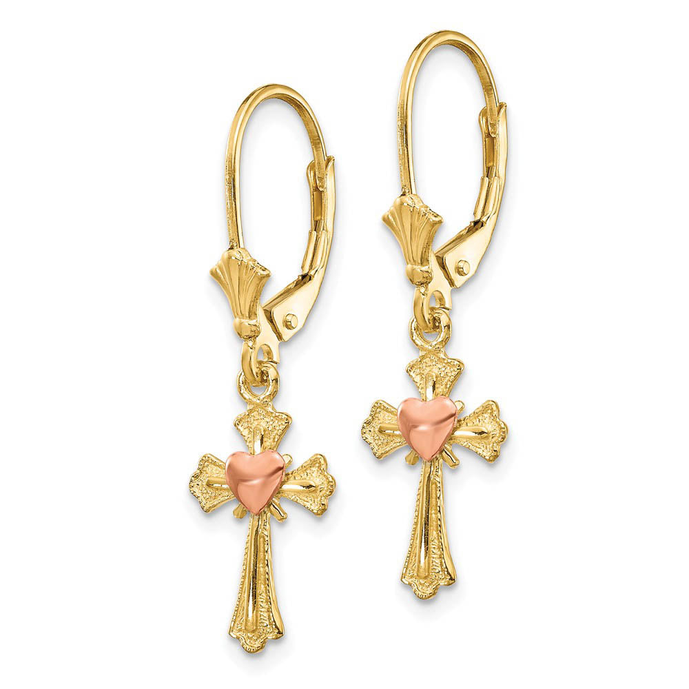 Alternate view of the 14mm Heart on Cross Lever Back Earrings in 14k Yellow and Rose Gold by The Black Bow Jewelry Co.