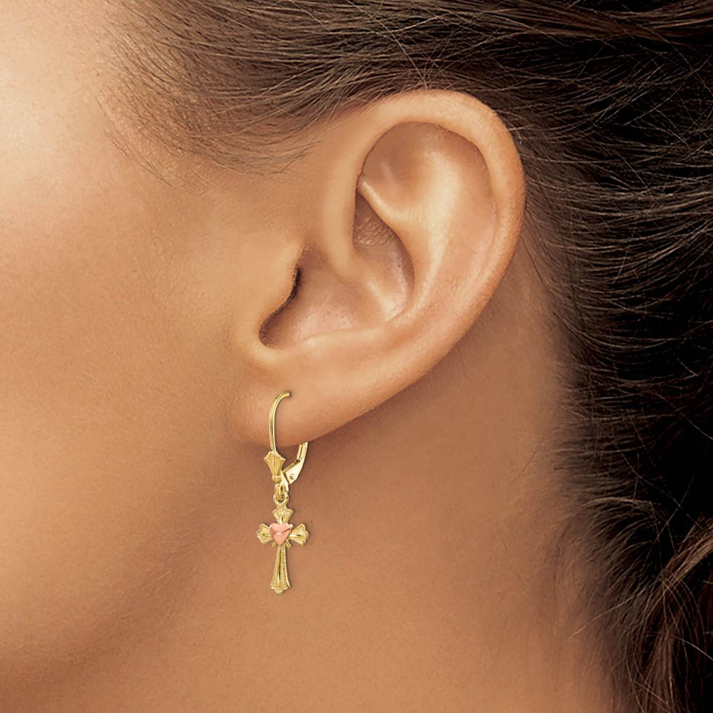 Alternate view of the 14mm Heart on Cross Lever Back Earrings in 14k Yellow and Rose Gold by The Black Bow Jewelry Co.