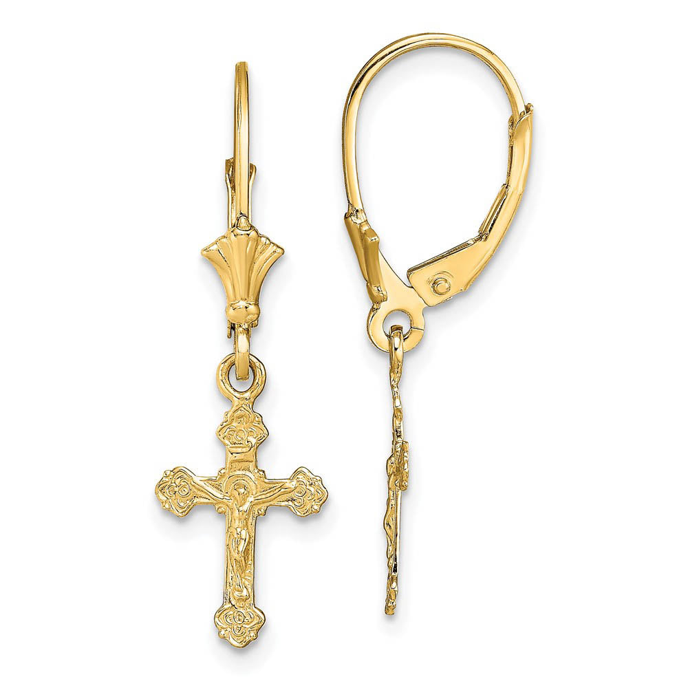 Polished Crucifix Lever Back Earrings in 14k Yellow Gold, Item E11076 by The Black Bow Jewelry Co.