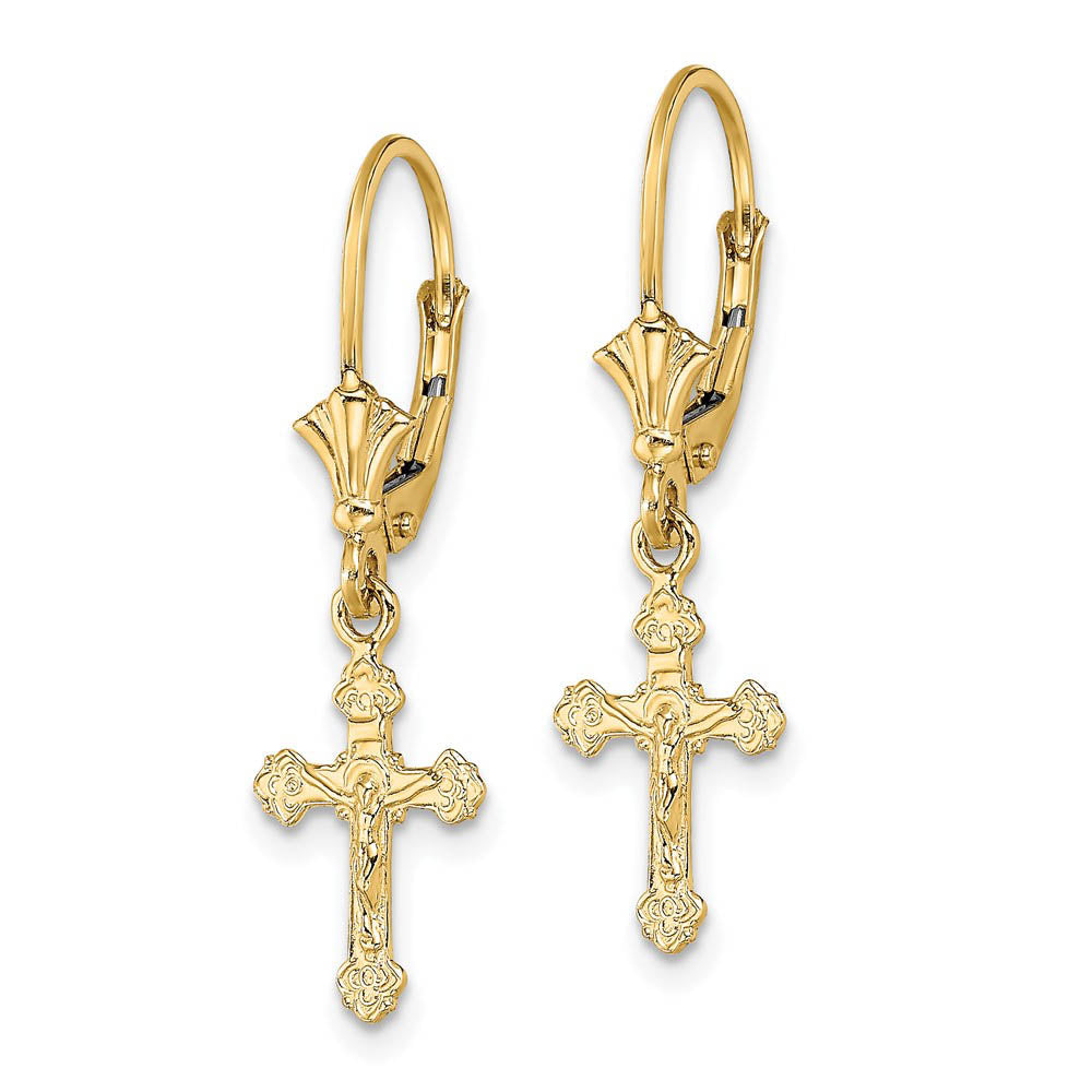 Alternate view of the Polished Crucifix Lever Back Earrings in 14k Yellow Gold by The Black Bow Jewelry Co.
