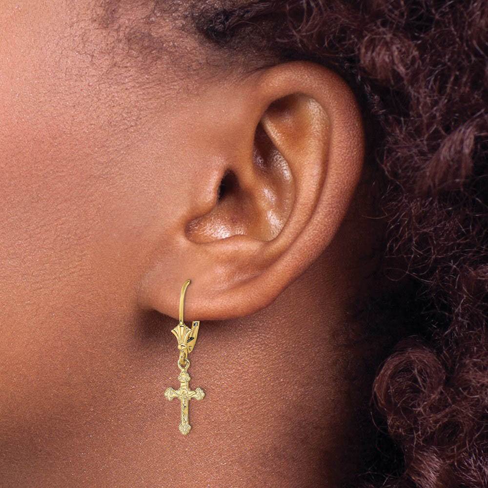Alternate view of the Polished Crucifix Lever Back Earrings in 14k Yellow Gold by The Black Bow Jewelry Co.