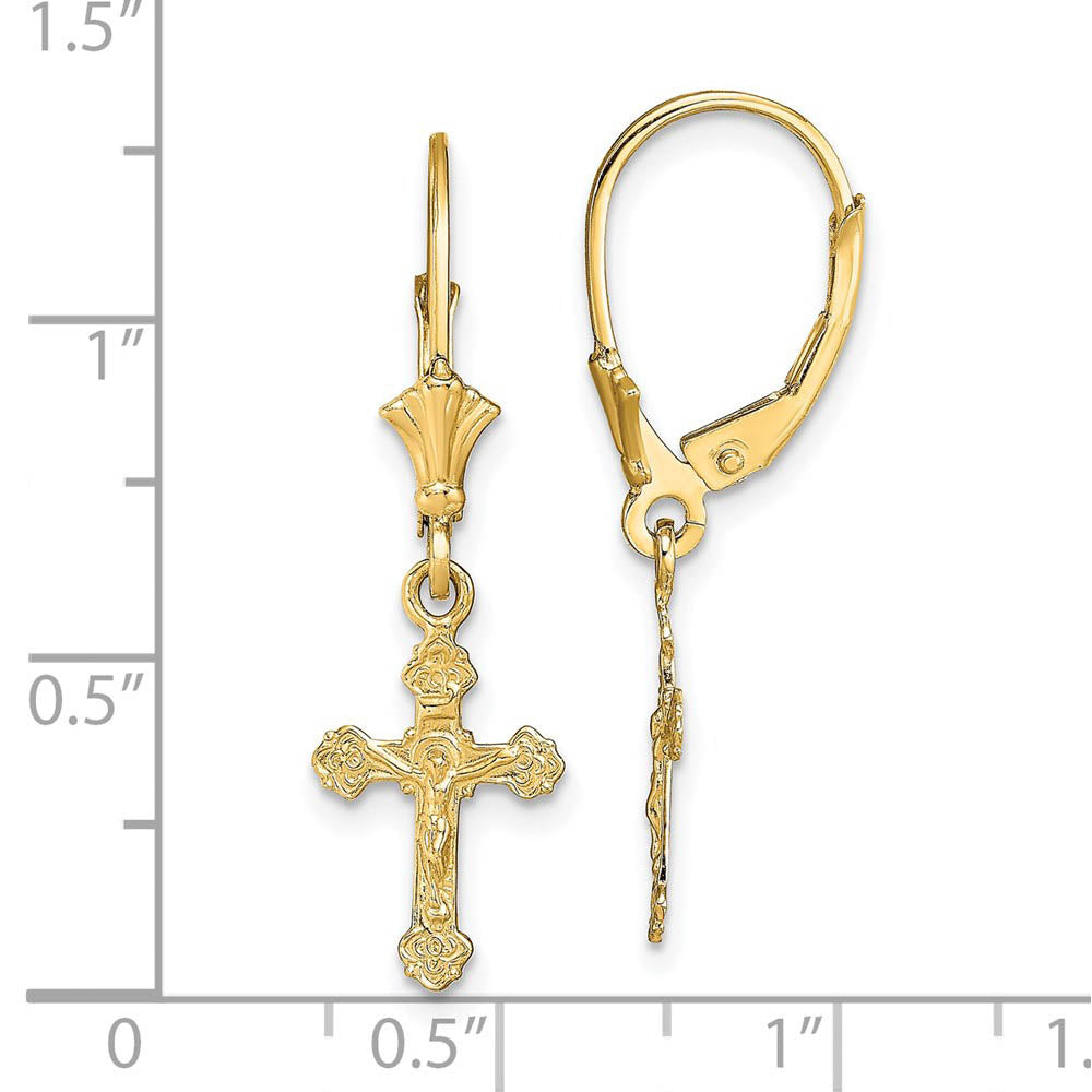 Alternate view of the Polished Crucifix Lever Back Earrings in 14k Yellow Gold by The Black Bow Jewelry Co.