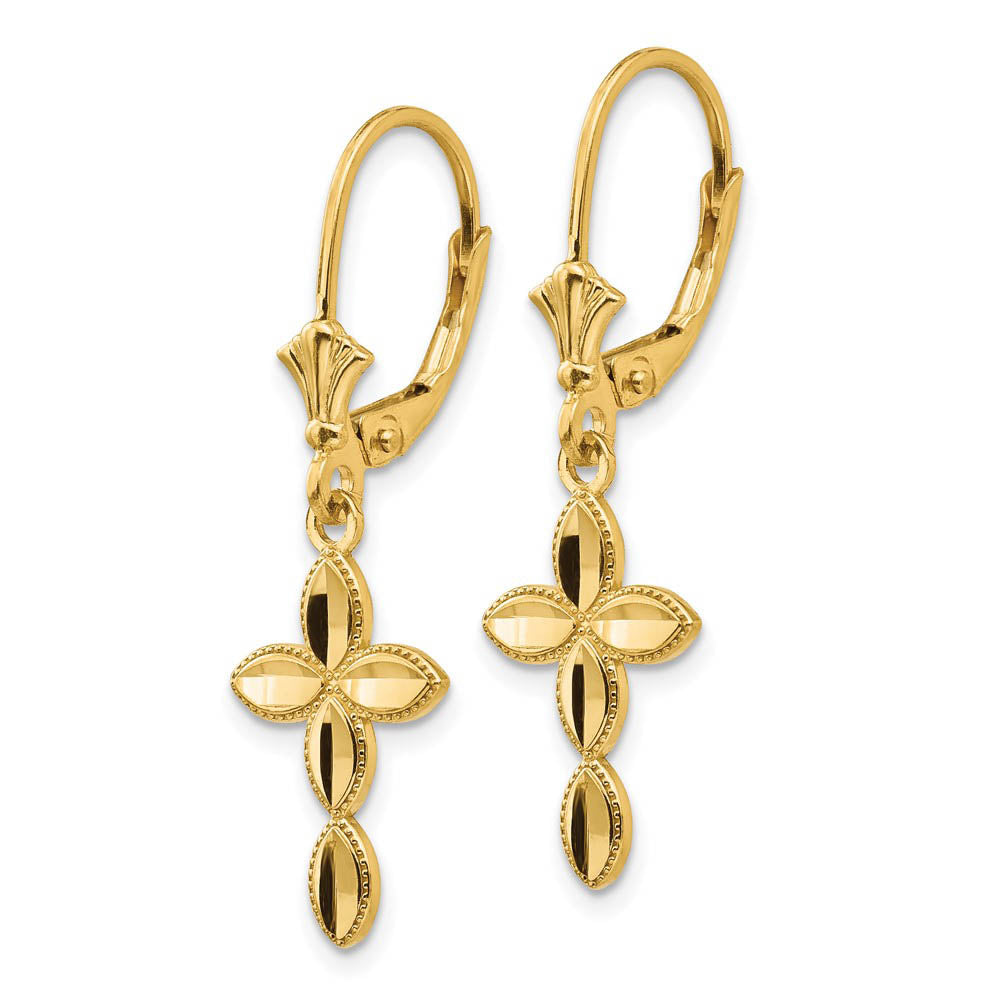 Alternate view of the Diamond Cut & Beaded Edge Cross Lever Back Earrings in 14k Yellow Gold by The Black Bow Jewelry Co.