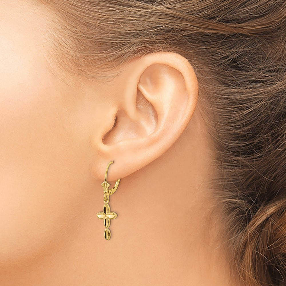 Alternate view of the Diamond Cut & Beaded Edge Cross Lever Back Earrings in 14k Yellow Gold by The Black Bow Jewelry Co.