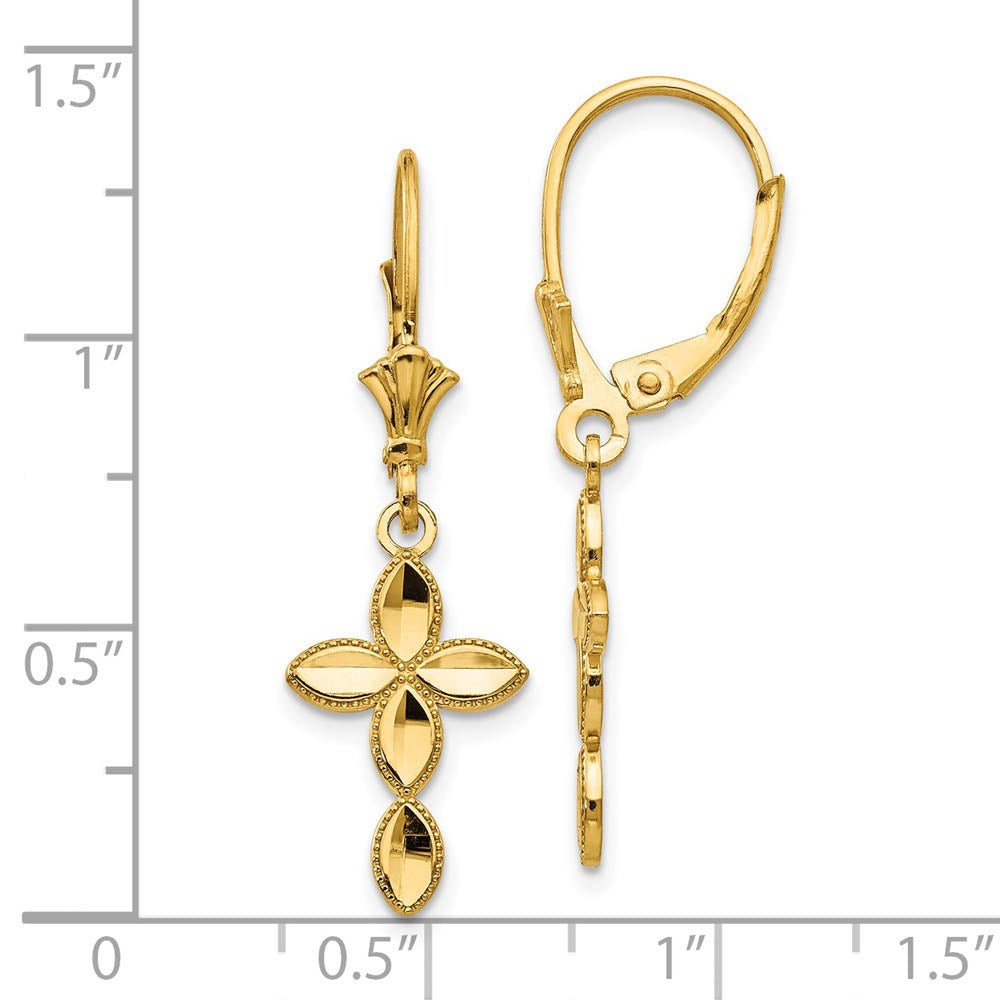 Alternate view of the Diamond Cut & Beaded Edge Cross Lever Back Earrings in 14k Yellow Gold by The Black Bow Jewelry Co.