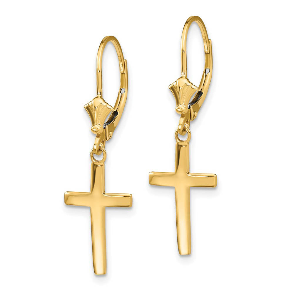 Alternate view of the Polished Hollow Cross Lever Back Earrings in 14k Yellow Gold by The Black Bow Jewelry Co.