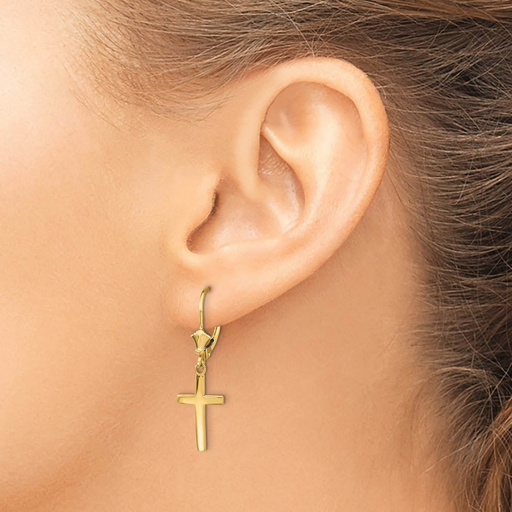 Alternate view of the Polished Hollow Cross Lever Back Earrings in 14k Yellow Gold by The Black Bow Jewelry Co.